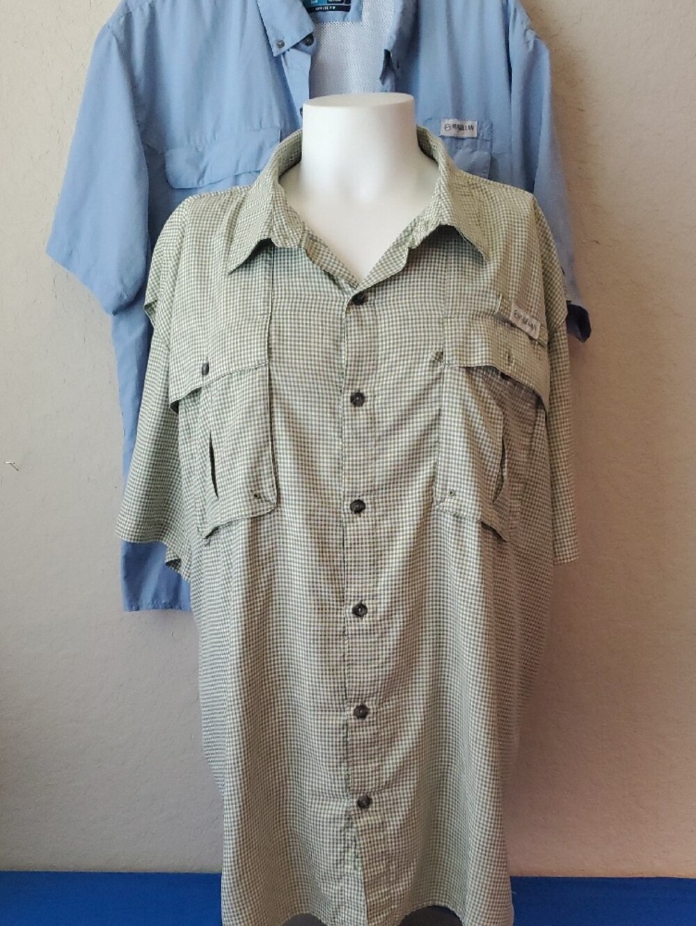 Lot of 2 Magellan Outdoors Fishing Shirts 3XL Light Blue Gingham Plaid Fish Gear